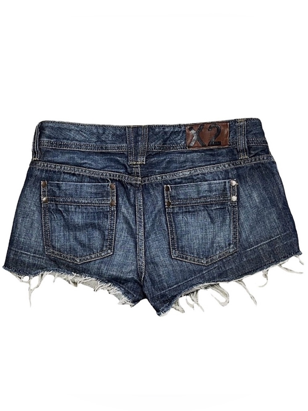 Y2K Express X2 Denim Distressed Thrashed Cut Off Raw Hem Micro Mini Jean Shorts